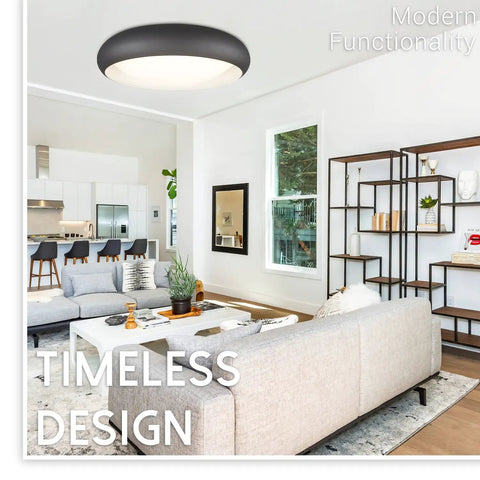Dimmable LED Ceiling Light Flush Mount 18W 3000K Warm White 10-Inch Round Black Fixture in modern living room