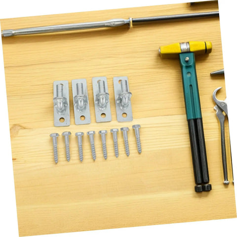 Four Piece Heavy Duty Wall Mount Gate Hinges For Outdoor Farm And Barn Wooden Doors Built Tough Galvanized Steel with screws and tools on wood.