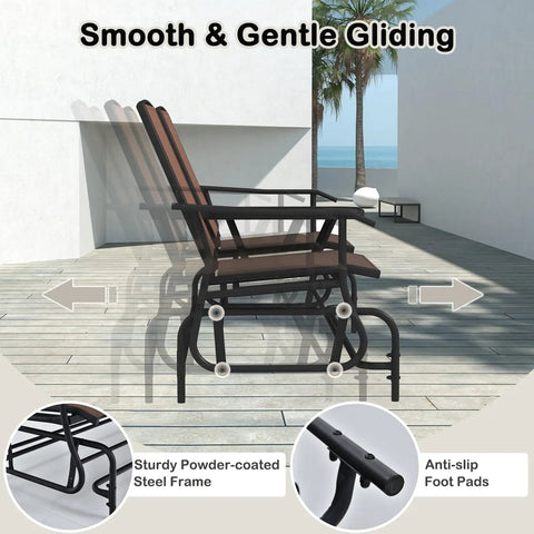 Side view of Two Person Cozy Outdoor Swing Glider Chair With Center Tempered Glass Table Patio Rocking Loveseat with brown finish