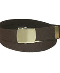 Cotton Adjustable Belt With Brass Buckle In Brown, Cut To Fit Up To 44 Inches, 1.25 Inch Wide, removable clamp on military buckle.