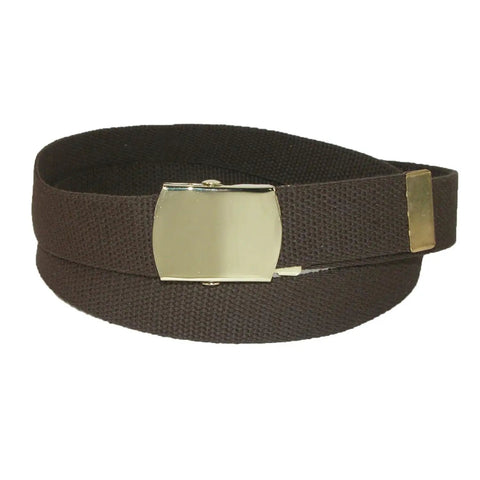 Cotton Adjustable Belt With Brass Buckle In Brown, Cut To Fit Up To 44 Inches, 1.25 Inch Wide, removable clamp on military buckle.