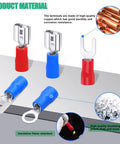 Spade crimp connector kit with 2.8/4.8/6.3 mm terminals, red/blue insulated sleeves, fork and ring terminals