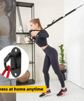 Woman using 3 Piece Wall Mount Resistance Band Anchors System For Exercise Bands in a home setting, black heavy-duty hooks.