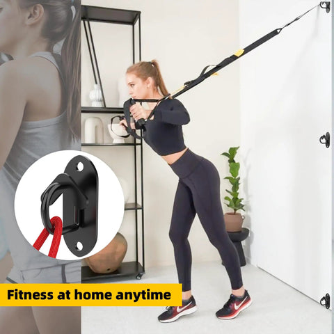 Woman using 3 Piece Wall Mount Resistance Band Anchors System For Exercise Bands in a home setting, black heavy-duty hooks.