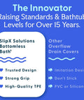 SlipX Solutions Bottomless Bath overflow drain cover features trusted design, high-quality TPE, strong grip for spa-like experience.