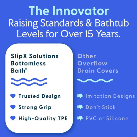 SlipX Solutions Bottomless Bath overflow drain cover features trusted design, high-quality TPE, strong grip for spa-like experience.