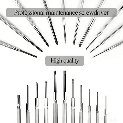 Compact 11 Piece Precision Screwdriver Set For Watch, Eyeglasses, And Electronics Repair displayed with various heads.