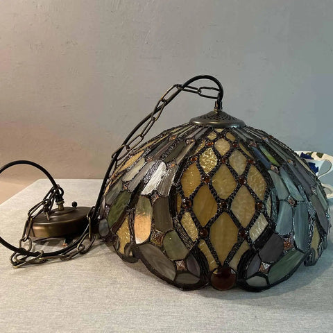 Tiffany Style Stained Glass Ceiling Pendant Light With Baroque Vibe, Handmade Glass Shade, 16 Inch Wide By 47 Inch High, on surface