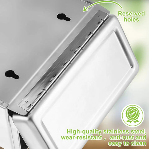 Close-up of a stainless steel wall-mounted sanitary napkin receptacle showing hinges and installation holes, stain-resistant finish.