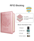 RFID Passport Holder For Travel Wallet With Pen Loop Elastic Closure And PU Leather Card Holder Passport Book Cover For Women And Men Rose Gold Accents open