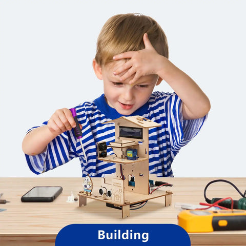Child building ESP32 STEM Smart Home Education Kit For Curious Kids 12 Plus Arduino Compatible Robotics Projects Eight Piece Set