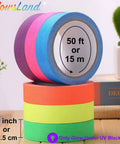 Six Roll Pack UV Blacklight Reactive Gaffer Tape Set Featuring Six Neon Colors, 1 Inch Wide, 50 Feet Per Roll stacked on table