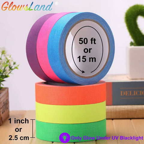 Six Roll Pack UV Blacklight Reactive Gaffer Tape Set Featuring Six Neon Colors, 1 Inch Wide, 50 Feet Per Roll stacked on table