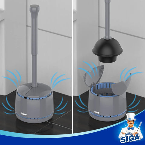Heavy Duty Toilet Plunger With Holder Set For Quick Bathroom Cleanup, space saving gray plunger with vented holder