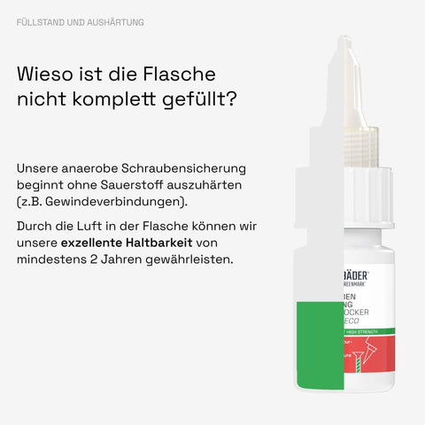 High Strength Thread Locker Blue 10ml Bottle For All Metals And Large Threads, with German text about durability and oxygen curing