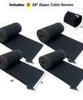 Zippered Cable Sleeve 24x4 Inches, 4-Pack Black, rolled sleeves with simple zip design for desk, computer, and TV setups