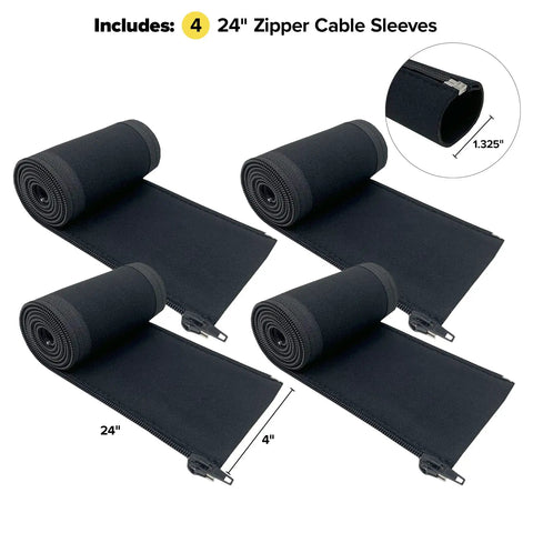 Zippered Cable Sleeve 24x4 Inches, 4-Pack Black, rolled sleeves with simple zip design for desk, computer, and TV setups