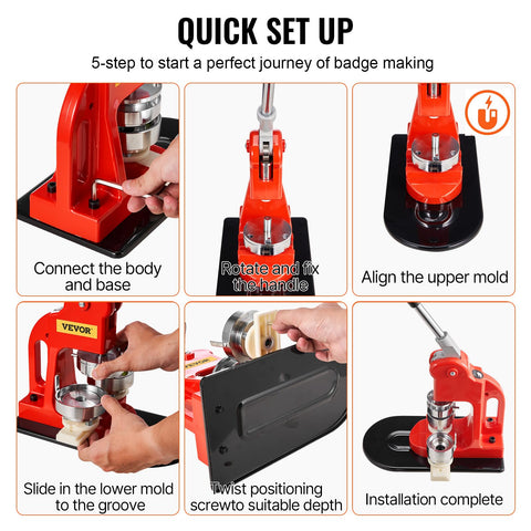 75mm Button Maker Kit With Punch Press For DIY Badges setup instructions with steps for assembling the badge craft machine