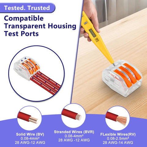 Transparent Housing Lever Wire Connector Kit With Test Hole for Quick Splice Connections showing voltage test and wire types.