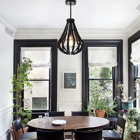 Dope Boho Wood Bead Chandelier Pendant Light 1 Light Black Farmhouse Ceiling Fixture 16.5 Inch Hanging in dining room.