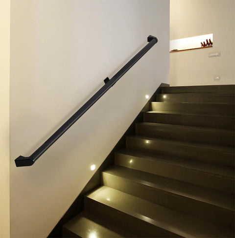 Heavy Duty Aluminum Handrail Set For Indoor Outdoor Stairs 16 Foot Wall Mounted Grab Bar in matte black finish on indoor staircase.