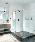 Modern bathroom interior with glass shower, vanity, and matte black fixtures, showcasing Align One-Function Eco-Performance Fixed Showerhead In Matte Black Delivers A Steady 1.75 GPM Spray, WaterSense Certified For Real Water Savings, Simple Install, Modern Look For A Sleek, Budget-Smart Bathroom Upgrade.