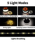 3 In 1 Camping Light And String Set With 32.8 Ft Reach showing 5 light modes including glare, flash, and breathing light.