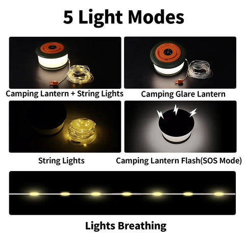 3 In 1 Camping Light And String Set With 32.8 Ft Reach showing 5 light modes including glare, flash, and breathing light.