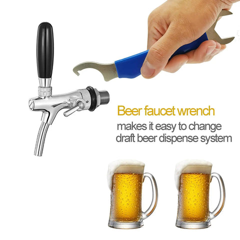 Heavy Duty Beer Faucet Wrench For Draft Systems with hex nut and keg spanner being used on a draft beer faucet.