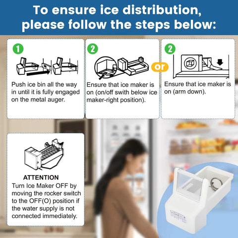 Installation steps for Ice Maker Replacement WPW10558424 Ice Bucket Assembly shown with background image of woman near fridge.