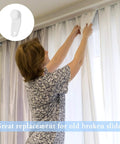 100 Pieces White Plastic Traverse Rod Slides For Curtain Replacement, Snap In Traversing Slides Track Gliders For Window Door And Shower Curtains, Durable Plastic, Easy Install, Long Lasting. Woman installs white curtain slides
