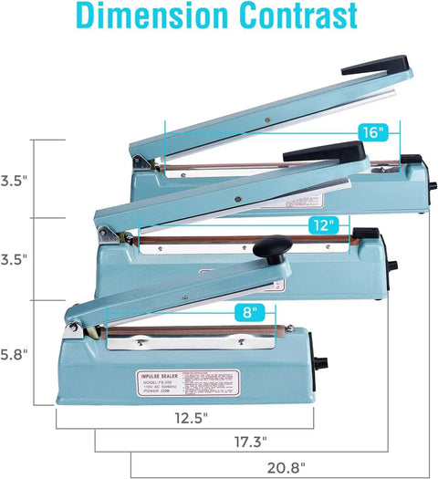 Comparison of 8 Inch Impulse Sealer for Plastic Bags and Shrink Wrap Manual Heat Sealer Machine with Adjustable Temperature sizes