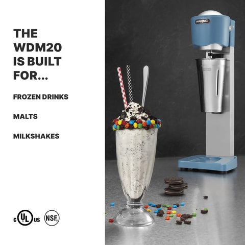 Image of Light Duty Milkshake Maker With 1 HP Motor, Single Spindle, beside a milkshake with candy topping, highlighting commercial use.