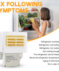 Upgraded Air Damper Control Assembly And Refrigerator Thermistor Kit for Frigidaire shown with open fridge and user