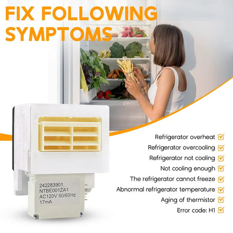 Upgraded Air Damper Control Assembly And Refrigerator Thermistor Kit for Frigidaire shown with open fridge and user