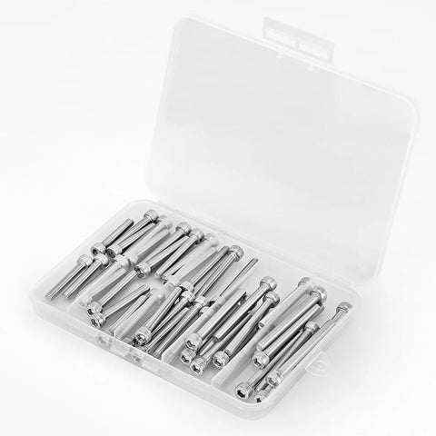 Top Shelf M5 Hex Socket Head Cap Screw Bolt Assortment Kit Built With Premium 304 Stainless Steel And A Rock Solid 4mm Allen Drive Metric Thread Mix Pack of fifty pieces in clear case.