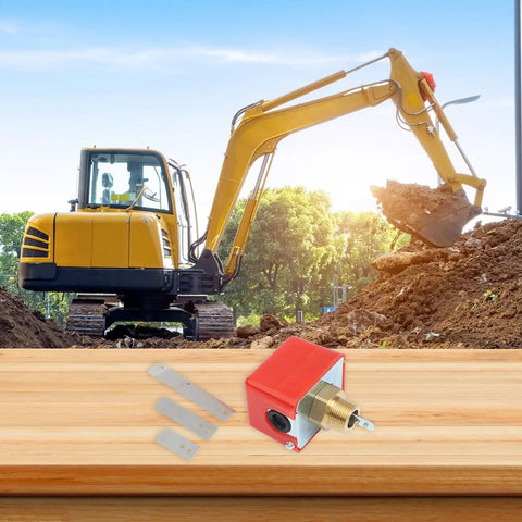 Heavy Duty Paddle Flow Switch Sensor For Water Quality Monitoring In Industrial Settings Built Tough With Rainproof ABS Housing And Precise Flow Detection To Keep Water Oil Flow Under Control on wooden surface with excavator backdrop