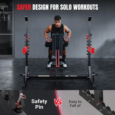 Man using Beefy 1980 Lb Weight Bench With Wide Grip Rack For Home Gym showing safer design with safety pin feature.