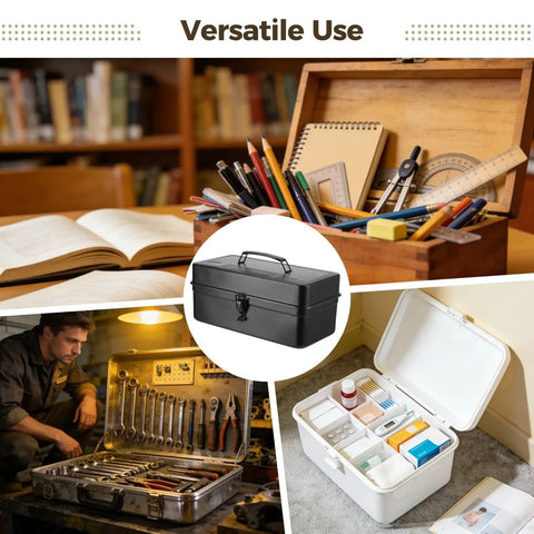 Heavy Duty Steel Toolbox With Removable Dividers, Portable Storage Case With Lockable Latch in black, various uses