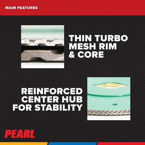 Close-up of Turbo Porcelain Tile Blade P4 Thin Mesh Ultra Thin Kerf with mesh rim and reinforced center hub.
