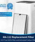 Quality assured MA-112 replacement filter with HEPA and carbon layers, lasting 4-5 months; compatible with HVAC and purifiers.