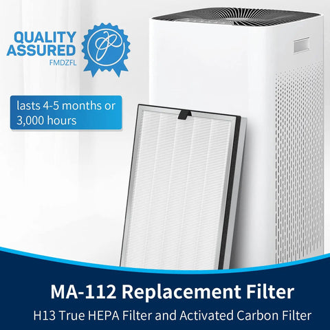 Quality assured MA-112 replacement filter with HEPA and carbon layers, lasting 4-5 months; compatible with HVAC and purifiers.