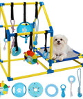 Puppy Play Gym Indoor Dog Playground With 8 Enrichment Toys hanging from a PVC frame, with a small dog sitting on the platform.