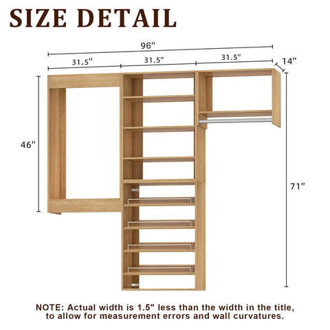 Size detail of The Real Deal Modular Closet System 96 Inch Wall Mounted Organizer showing dimensions and design layout.
