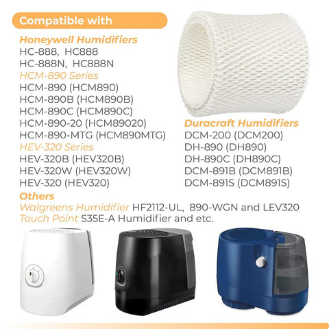 2 Pack HC888 Humidifier Filter Replacements For Honeywell HC888 HCM890 HEV320 Duracraft D88 DCM200 DH890 next to humidifiers.