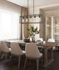Dining room with Industrial Black Farmhouse Chandelier Over Table 5 Light Rectangle Hanging Light above wooden table