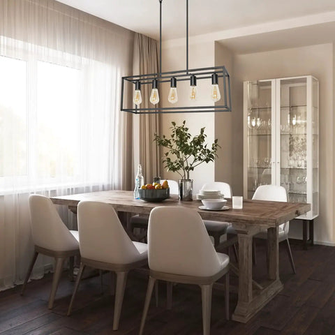Dining room with Industrial Black Farmhouse Chandelier Over Table 5 Light Rectangle Hanging Light above wooden table