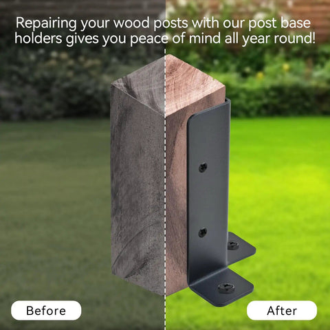 Adjustable Deck Post Anchor Base Brackets For 1.5x1.5 To 4x4 Wood Posts Kit Fits 2x2 2x4 Fences Pergolas Rails Mailbox Mount Patio Covers No Fuss Install Heavy Duty shown in before and after installation view.
