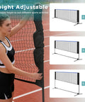 Portable Multi Sport Net Set With Adjustable Height From 2.79 To 5.1 Feet, 10 Feet Wide Backyard Net shown in three height adjustments