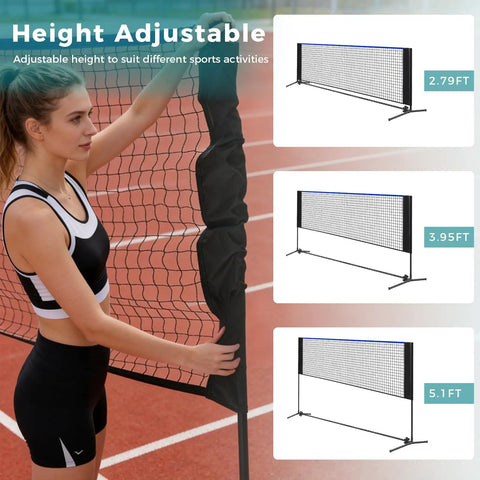 Portable Multi Sport Net Set With Adjustable Height From 2.79 To 5.1 Feet, 10 Feet Wide Backyard Net shown in three height adjustments